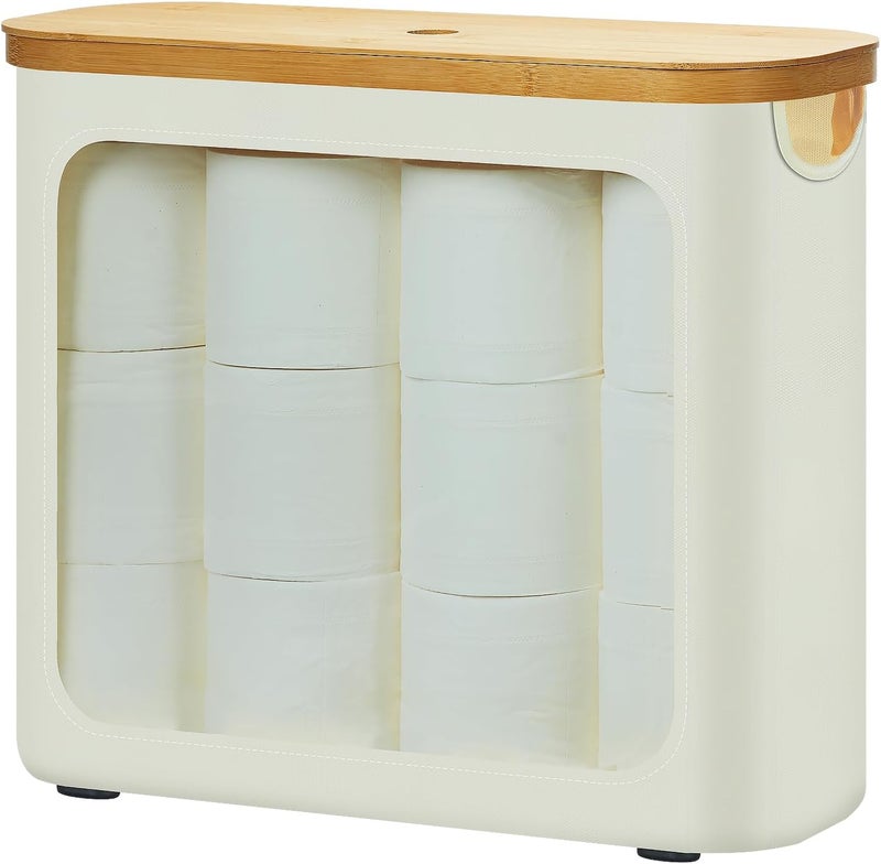 ROSOS Toilet Paper Storage with Lid, Large Toilet Paper Holder for up to 12 Rolls, Free Standing Bathroom Storage Organizer with Lid, Beige - Image 1
